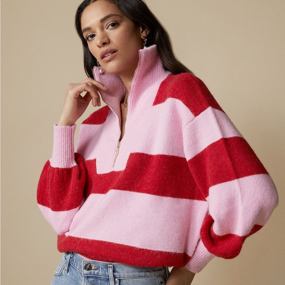 Kitri Lorna Pink Striped Alpaca Blend Zip Collar Sweater size medium